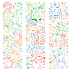 Merry Christmas and happy new year. Santa Claus, deer, snowman, penguin. Vector pattern.