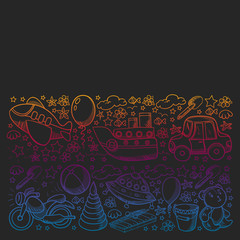 Vector pattern with toys for little kindergarten children. Dinosaur, teddy bear, rocket, ship, airplane, balloon, car, motorcycle, truck.