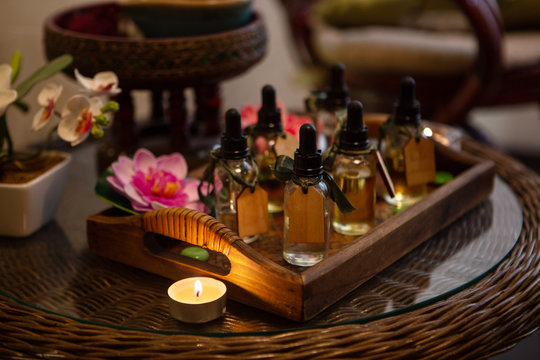 Spa settings. Composition of tropical spa treatment on wooden board background. Place for text