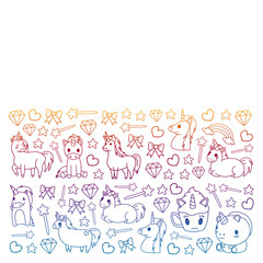 Children pattern with fairy tale unicors for kids clothes, posters, banners, shirts. Vector image with cartoon character.