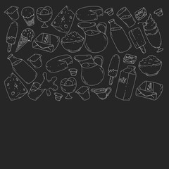  pattern with icons of milk, butter,cottage cheese, sour cream, cheese, yogurt, ice cream, cream. Collection of dairy products.