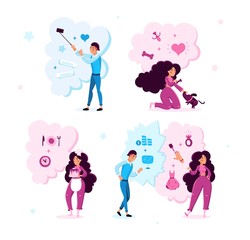 Young Woman and Man Trendy Flat Vector Characters Set Isolated on White Background. Lady Feeding Dog, Cooking Tasty Cake, Choosing Clothing, Guy Shooting Selfie Photos, Making Business Illustrations