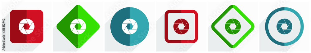 Poster photo shutter, camera, photography icon set, flat design vector illustration in 6 options for webdes