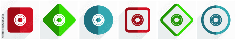 Poster photo shutter, camera, photography icon set, flat design vector illustration in 6 options for webdes