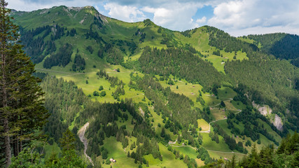 Naklejka na ściany i meble Switzerland, Panoramic view on green Alps near Schynige Platte, Saxeten valley