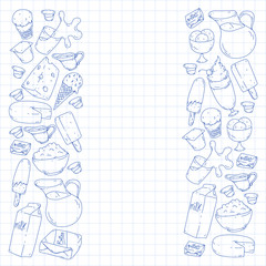 Fototapeta premium Milk, butter, cottage cheese, sour cream, cheese, yogurt, ice cream, cream. Vector pattern. Collection of dairy products.