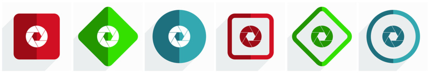 Photo shutter, camera, photography icon set, flat design vector illustration in 6 options for webdesign and mobile applications in eps 10