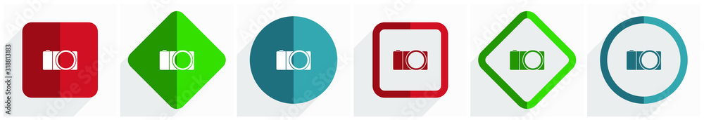 Poster mirrorless camera, photography icon set, flat design vector illustration in 6 options for webdesign 