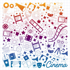 Vector pattern with cinema icons. Movie Theater, TV, popcorn, video clips, musical