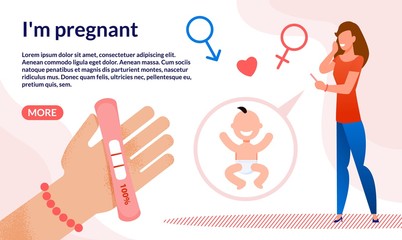 Pregnancy Efficient and Accurate Testing Trendy Flat Vector Web Banner, Landing Page. Woman Getting Pregnancy Test Positive Result, Worried and Excited Because of Future Childbirth Illustration