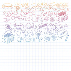 Vector pattern for language class, online courses. English, arabic, italian, japanese, spanish, chinese, german.