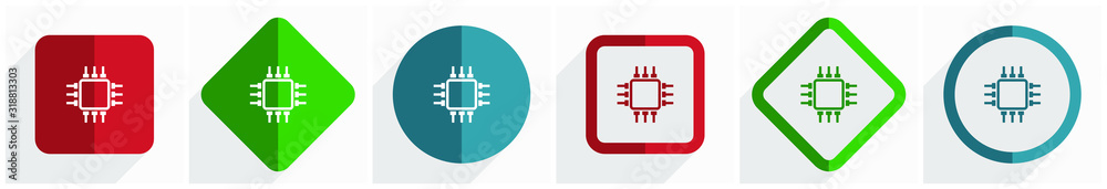 Poster Circuit, chip, computer icon set, flat design vector illustration in 6 options for webdesign and mobile applications in eps 10