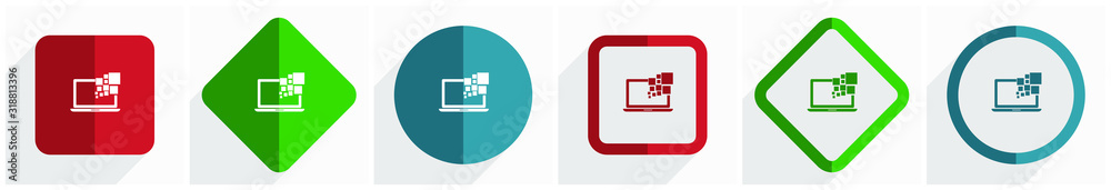 Poster laptop, notebook, computer icon set, flat design vector illustration in 6 options for webdesign and 