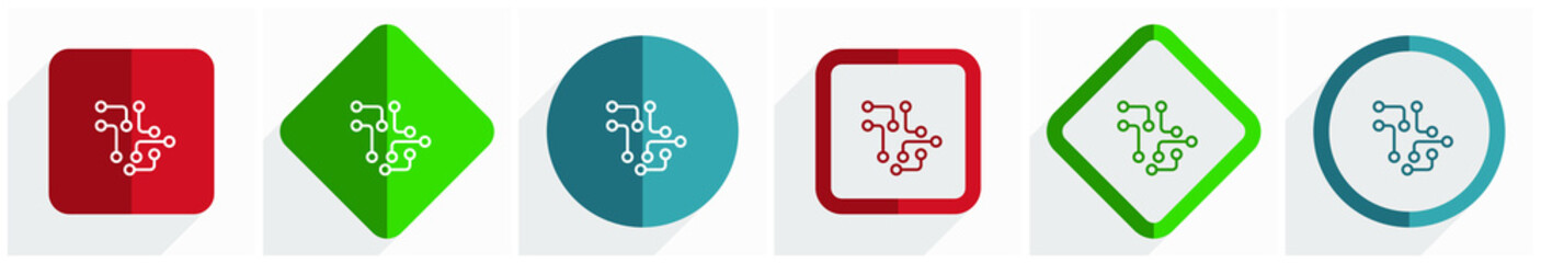 Circuit, technology, chip, processor icon set, flat design vector illustration in 6 options for webdesign and mobile applications in eps 10