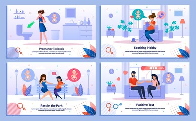 Pregnancy Toxicosis, Test Result, Pregnant Woman Hobby and Leisure Trendy Flat Vector Banner, Poster Set. Woman Feels Nausea, Knitting, Resting in Park, Telling Husband About Pregnancy Illustration