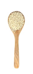 Top view of white sesame on wooden spoon