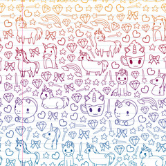 Children pattern with fairy tale unicors for kids clothes, posters, banners, shirts. Vector image with cartoon character.