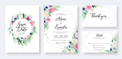 Fototapeta na wymiar Floral Wedding Invitation card, save the date, thank you, rsvp template. Vector. Rose flower, greenery plants. Watercolor style. 