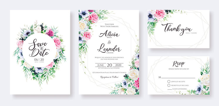 Floral Wedding Invitation card, save the date, thank you, rsvp template. Vector. Rose flower, greenery plants. Watercolor style.	