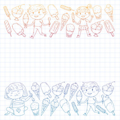 Little children eating ice cream. Summer vacation. Sweet fruit desert.