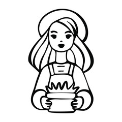 Gardener cute young woman, smiling girl in hat with plant pot. Black and white stock vector illustration design for logo and icon.