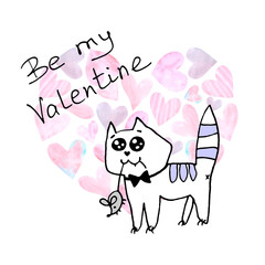 Valentine's day greeting card. Simple cute contoured cat with a mouse in its teeth. Gift for your favorite. Doodle. For postcard, logo, badges, stationery, web
