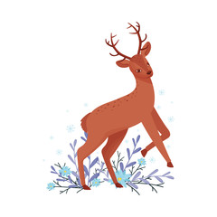 Cute Deer Animal Jumping and Skipping in Winter Forest Vector Illustration