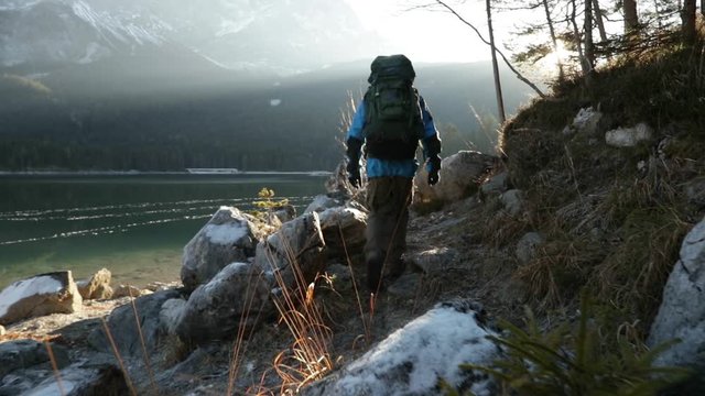Slow motion shot of two friends hiking in Bavaria, Germany