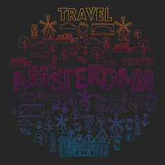 Obraz premium Vector pattern with Holland, Netherlands, Amsterdam icons. Doodle style.