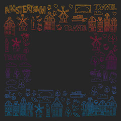 Vector pattern with Holland, Netherlands, Amsterdam icons. Doodle style.