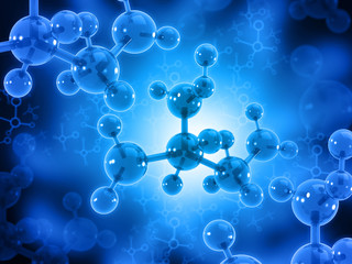 Atom molecule structure with scientific background. 3d illustration.