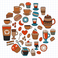 Coffee menu. Vector pattern with cappuccino, espresso. Kitchen, cooking, beverages.
