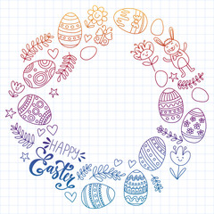 Fototapeta premium Happy Easter. Vector pattern with eggs, bunny, flowers.