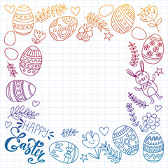 Happy Easter. Vector pattern with eggs, bunny, flowers.