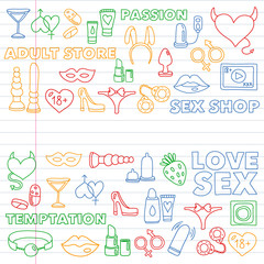 Vector set with sex shop icons. Erotic fetish games background.