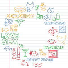 Vector set with sex shop icons. Erotic fetish games background.