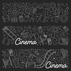 Vector pattern with cinema icons. Movie Theater, TV, popcorn, video clips, musical