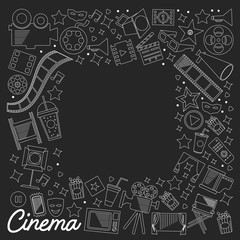 Vector pattern with cinema icons. Movie Theater, TV, popcorn, video clips, musical