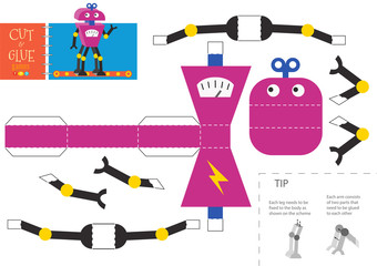 Cut and glue robot toy vector illustration, worksheet.