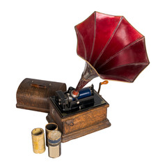 High angle cut out of 1911 old phonograph with three cylinder records, including clipping path,...