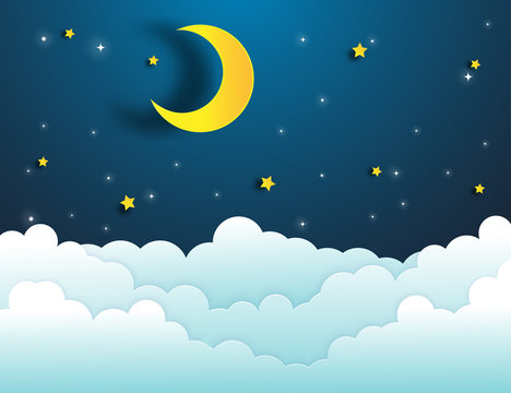 moon and stars on blue background of sky