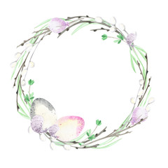 Watercolor spring wreath and eggs. Easter composition, garden frame. Willow branch, spring flowers, spring greenery, nest. Spring season illustration, spring background, garden. Happy Easter. 