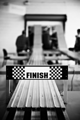 Finish line for pinewood derby race (black and white) - obrazy, fototapety, plakaty