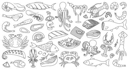 Seafood vector Outline,line set icon.Vector illustration icon fish food on white background.Isolated Outline,line set seafood.
