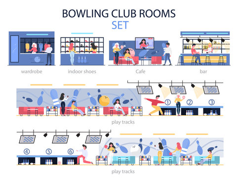 Bowling Club Room Interior Set. People Going Bowling At Game Zone