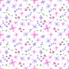 Watercolor natural seamless pattern with spring flowers, spring greenery, willow branch. Delicate cute pink flowers. Spring season illustration, spring background, garden print. Digital paper