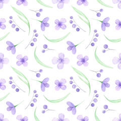 Watercolor natural seamless pattern with spring flowers, spring greenery, willow branch. Delicate cute pink flowers. Spring season illustration, spring background, garden print. Digital paper