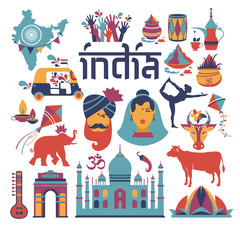 India set Asia country vector Indian architecture Asian traditions buddhism travel isolated icons and symbols.