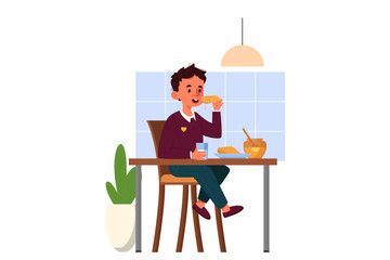 School boy schedule concept. Little boy having a breakfast