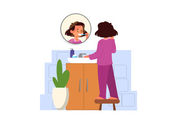School girl schedule concept. Little girl standing in the bathroom